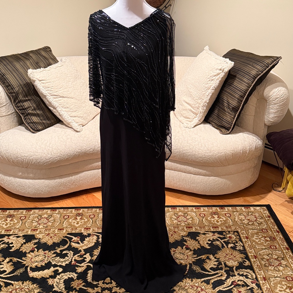 J Kara Black Evening Dress With Asymmetrical Beaded Overlay.New, Never Hemmed